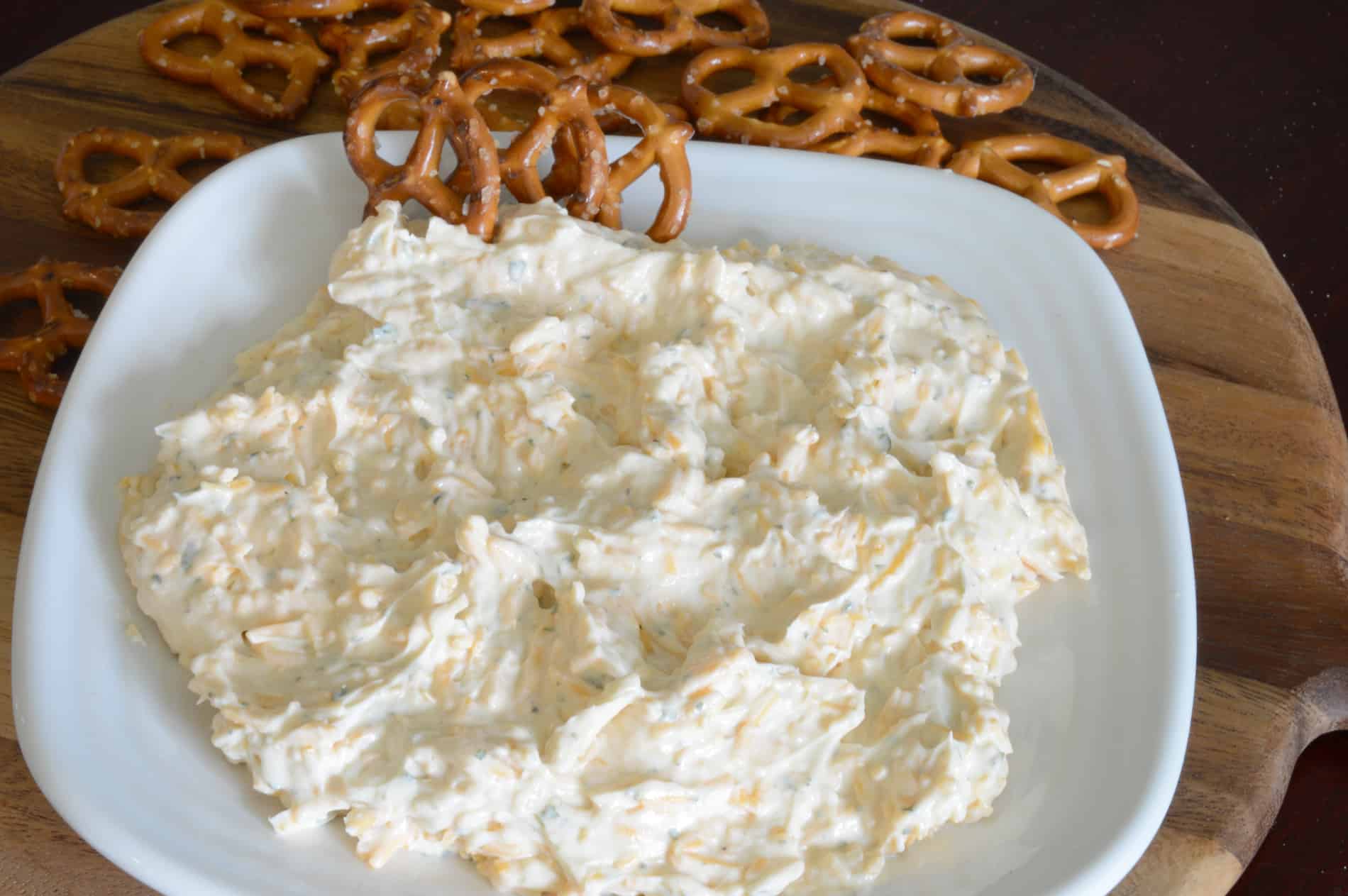 Beer Cheese dipp made with Jimmy's Holy Smoke! Dip and pretzels for dipping.