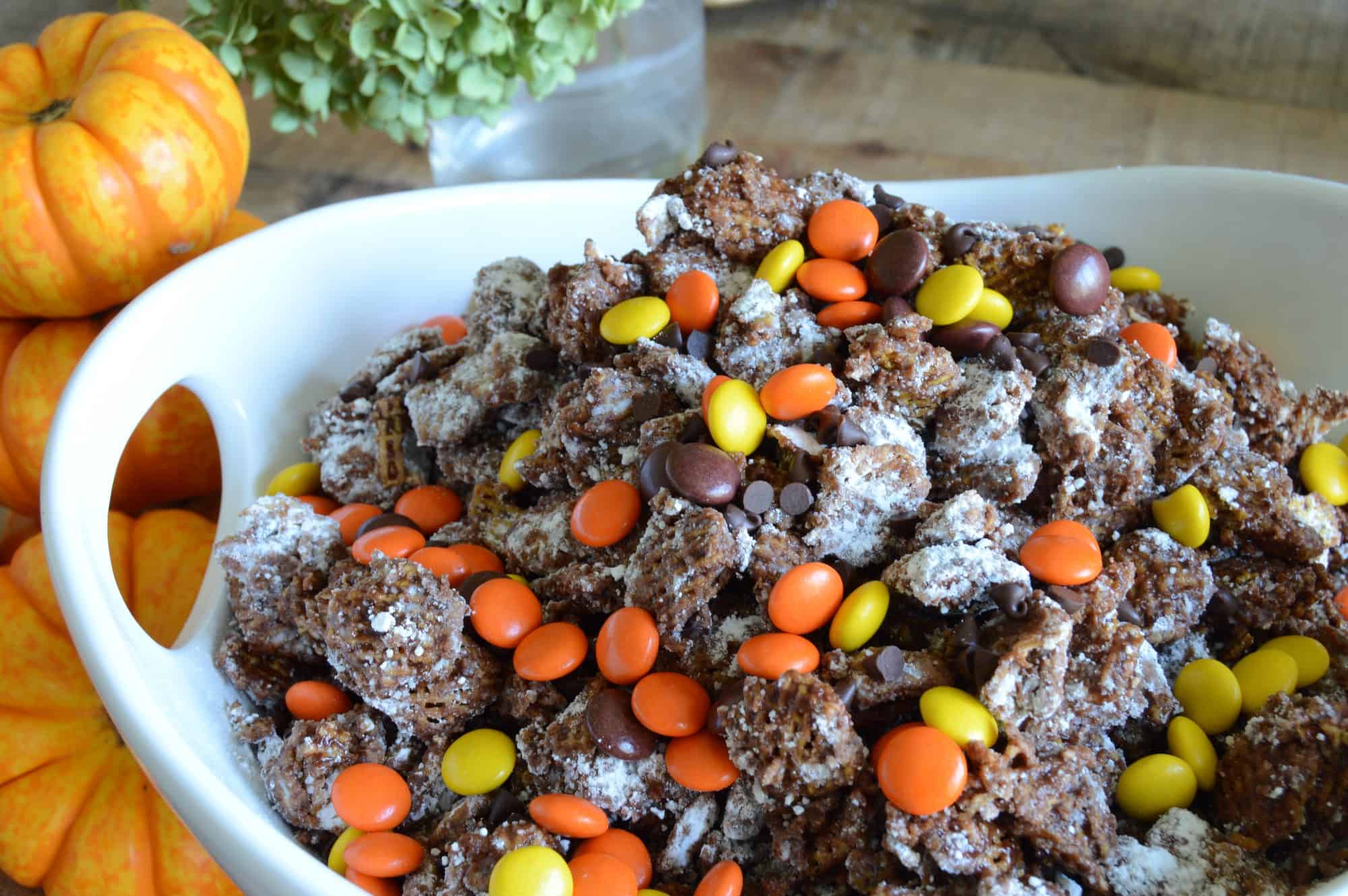 Caramel puppy show made with Jimmy's Caramel Dip topped with Reese's Pieces for a fun Halloween Recipe
