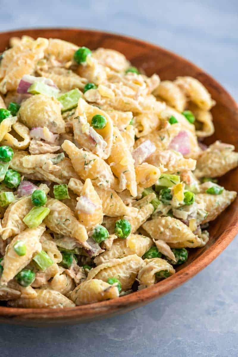 Tuna Pasta Salad made with shell pasta, canned tuna, peas and Jimmy's Dill Vegetable Dip
